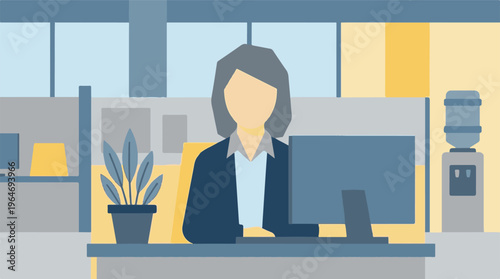 Businesswoman at office desk with computer, modern flat illustration
