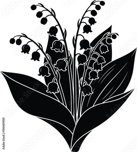 Lily of the valley flower bouquet with leaves and bell shaped blossoms black silhouette vector art