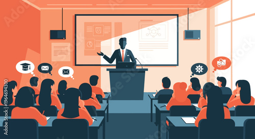 A flat design illustration portraying a professor delivering an engaging lecture to a classroom of attentive university students, emphasizing the dynamic interaction of academic learning. 