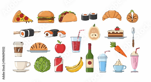 Diverse Food and Drink Collection - Pizza, Burger, Sushi, and More.