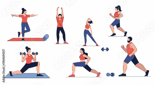 Diverse Group Exercising - Yoga, Stretching, Lunges, and Cardio.