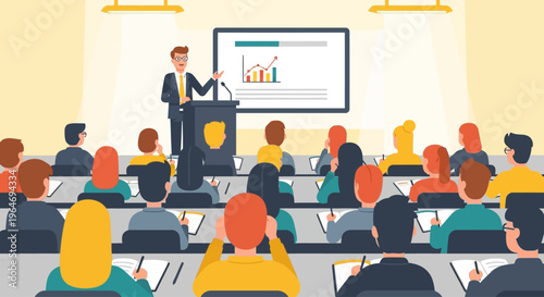 A flat design illustration portraying a professor delivering an engaging lecture to a classroom of attentive university students, emphasizing the dynamic interaction of academic learning. 