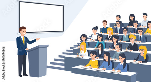 A flat design illustration portraying a professor delivering an engaging lecture to a classroom of attentive university students, emphasizing the dynamic interaction of academic learning. 