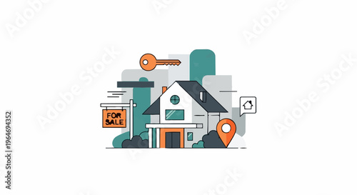 Real Estate Property Illustration with Key and Location Pin.