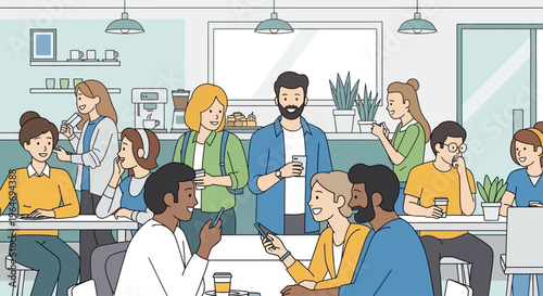 This flat design vector captures the vibrant social life of university students as they chat and laugh in a campus common area, illustrating camaraderie and community. 