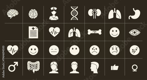 Medical Icons Set: Health, Science, Human Body Organs, Emotions, and Symbols