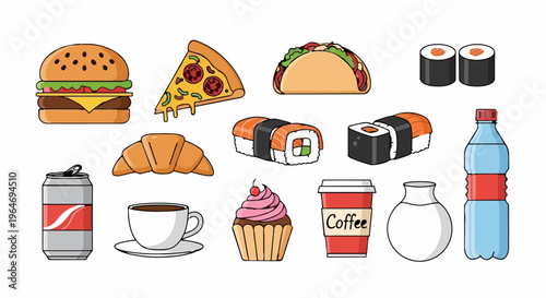 Assortment of Delicious Food and Beverages in Cartoon Style.