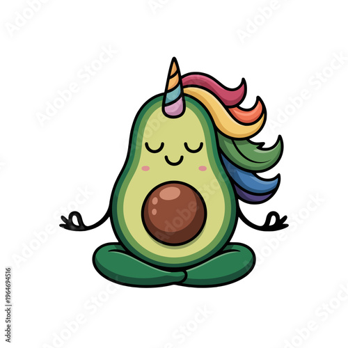 An adorable avocado character with a unicorn horn and rainbow mane sits in a meditative pose.