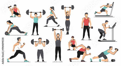 Diverse Group Engaged in Varied Strength and Cardio Exercises.