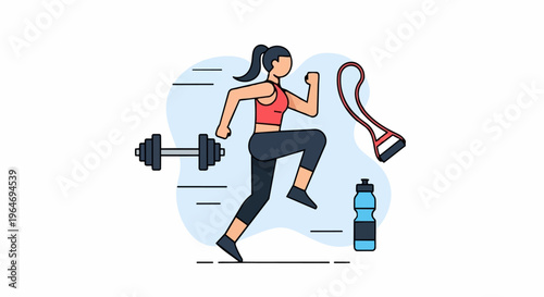 Woman in sportswear running with fitness equipment illustration.