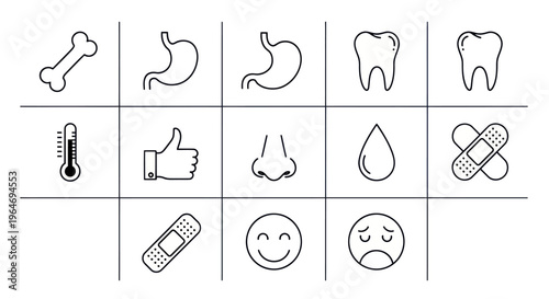 Medical Icons Set: Health, Sickness, and Care Symbols on White Background