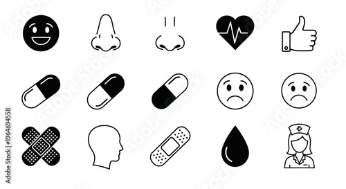 Medical Icons Set: Health, Sickness, Care, and Wellbeing Symbols