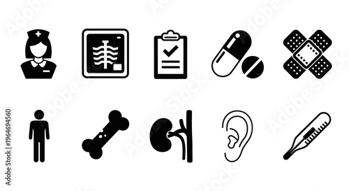 Medical Icons Set: Healthcare Symbols, Clinic, Hospital, Doctor, Pharmacy, Diagnosis