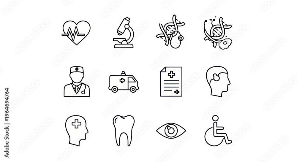 Fototapeta premium Medical Icons Set: Healthcare, Science, and Technology Symbols