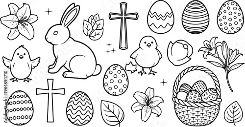 Easter celebration line art set featuring bunny rabbit eggs christian cross baby chicks and flowers