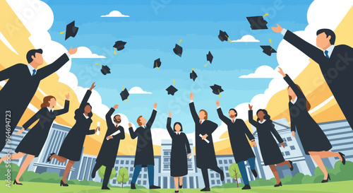 A flat design vector illustration capturing the joyous moment of university graduates tossing their caps in the air during a vibrant graduation ceremony. 