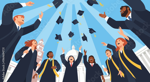 A flat design vector illustration capturing the joyous moment of university graduates tossing their caps in the air during a vibrant graduation ceremony. 