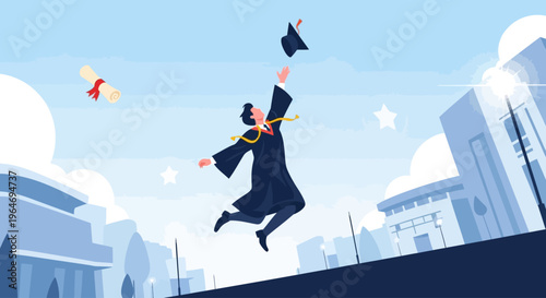 A flat design vector illustration capturing the joyous moment of university graduates tossing their caps in the air during a vibrant graduation ceremony. 