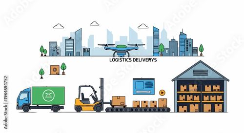 Logistics and Delivery Illustration with Truck, Forklift, Drone, and Warehouse.