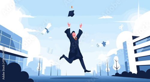 A flat design vector illustration capturing the joyous moment of university graduates tossing their caps in the air during a vibrant graduation ceremony. 