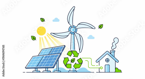 Renewable Energy Sources Powering a Home - Solar, Wind, and Recycling.