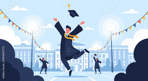 A flat design vector illustration capturing the joyous moment of university graduates tossing their caps in the air during a vibrant graduation ceremony. 