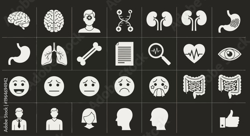 Medical Icons Set: Human Organs, Health Symbols, Professions, Emotions, and Anatomy