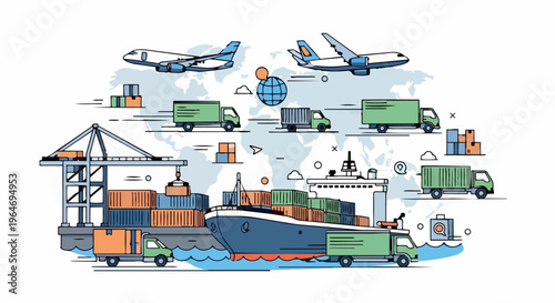 Global Logistics and Supply Chain Network with Various Transportation Methods.