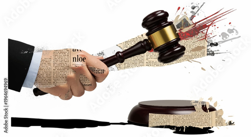 Judge gavel smashing through newspaper and law book in a courtroom setting with a bold statement
