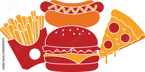 Fast food meal set with hamburger french fries pepperoni pizza slice and hot dog illustration
