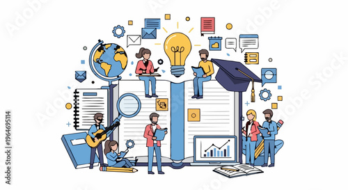 Illustration of collaborative learning with students around a large book and lightbulb.