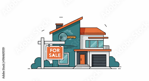Modern House for Sale Illustration with Clean Lines and Bright Colors.