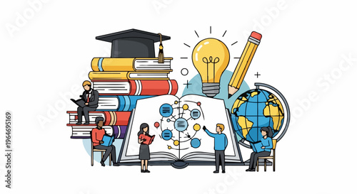 Education and Knowledge Illustration - Open Book, Lightbulb, and Globe Symbolizing Learning.