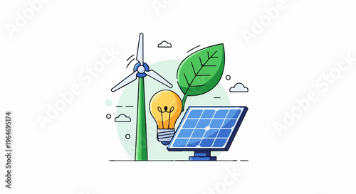 Renewable Energy Sources - Wind Turbine, Solar Panel, and Light Bulb.