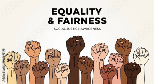 Diverse hands raised in solidarity for equality and fairness with a beige background