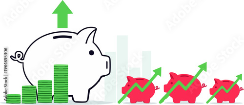 Financial concept illustrating consistent savings growth and investment success with piggy banks and upward trending charts representing monetary accumulation over time.