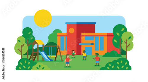Kids playing on playground outside school building in flat design style