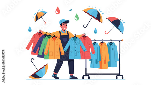 Rainy Day Fashion: An illustration captures a seller, surrounded by vibrant raincoats and umbrellas, presenting the perfect attire for a wet day. 