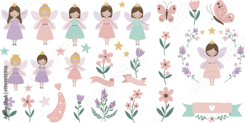 Whimsical illustration of fairies and flowers in pastel colors for children or fantasy designs