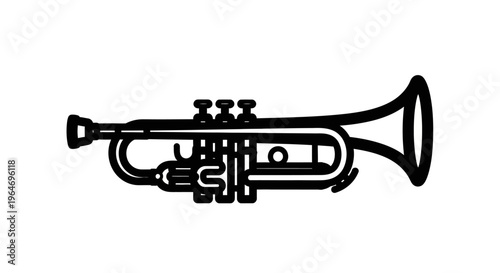 Black and white line-art illustration of a trumpet with detailed valves and bell, presented in a minimalist and bold style.