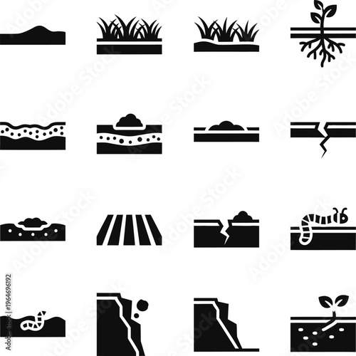Soil layers and earth texture icon set for geology and agriculture