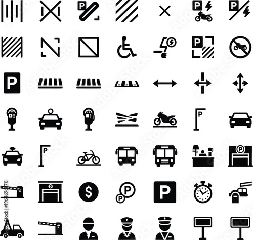 Comprehensive parking and traffic icon set featuring vehicle symbols and transport signage