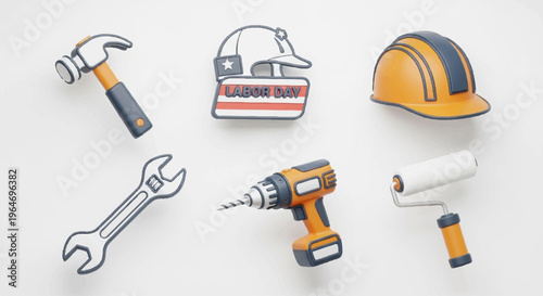 Construction tools and equipment including hammer wrench drill hard hat and tape measure for building and diy projects on a clean background