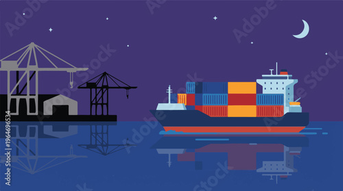 Cargo ship loaded with containers at a port at night under a starry sky