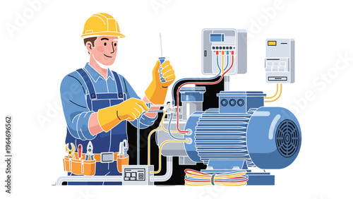 Professional Electrician at Work: A skilled electrician wearing a hard hat and protective gloves meticulously works on complex electrical equipment, emphasizing precision and expertise.