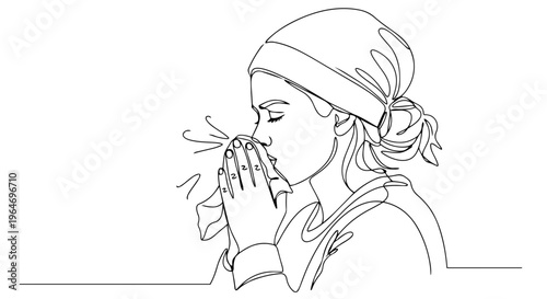 Woman sneezing into tissue one line drawing. Continuous line spring allergy and cold concept. Minimalist vector illustration isolated on white background