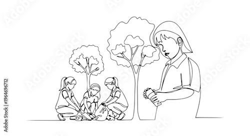 Children planting tree and cleaning park one line drawing. Continuous line volunteering and ecology concept. Minimalist vector illustration isolated on white background
