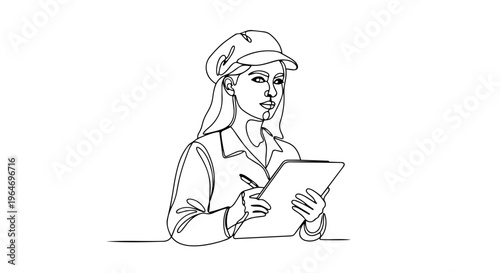 Female agronomist with clipboard one line drawing. Continuous line agriculture worker and farming concept. Minimalist vector illustration isolated on white background
