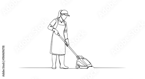One line drawing of a woman using a lawnmower. Continuous line spring gardening illustration. Minimalist vector design isolated on white background