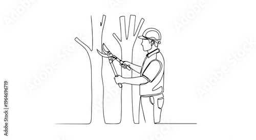 One line drawing of an arborist pruning a tree with shears. Continuous line spring landscaping illustration. Minimalist vector design